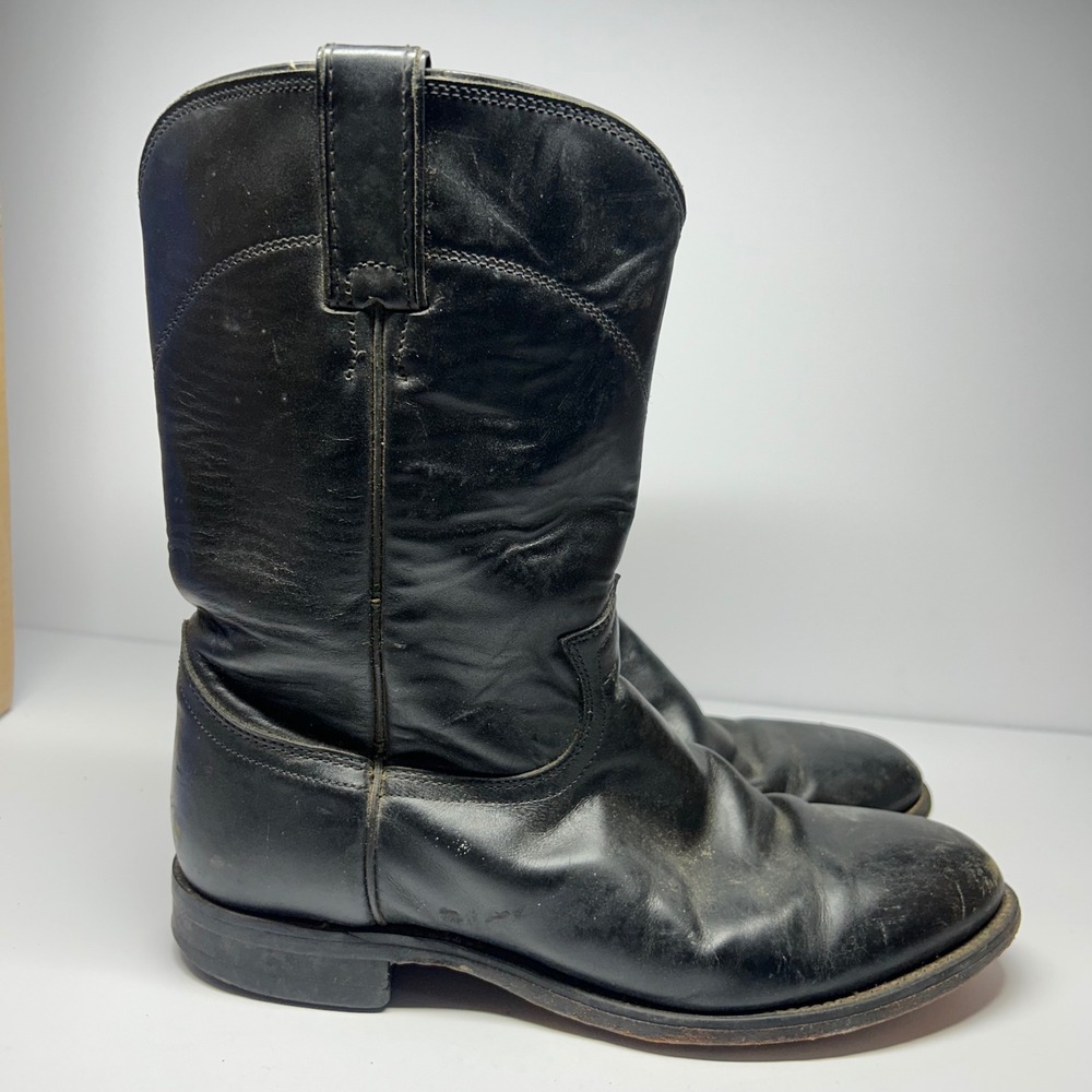 Justin Roper Boots Black Leather Mens Size 8 EE Round Toe Western Cowboy 3133